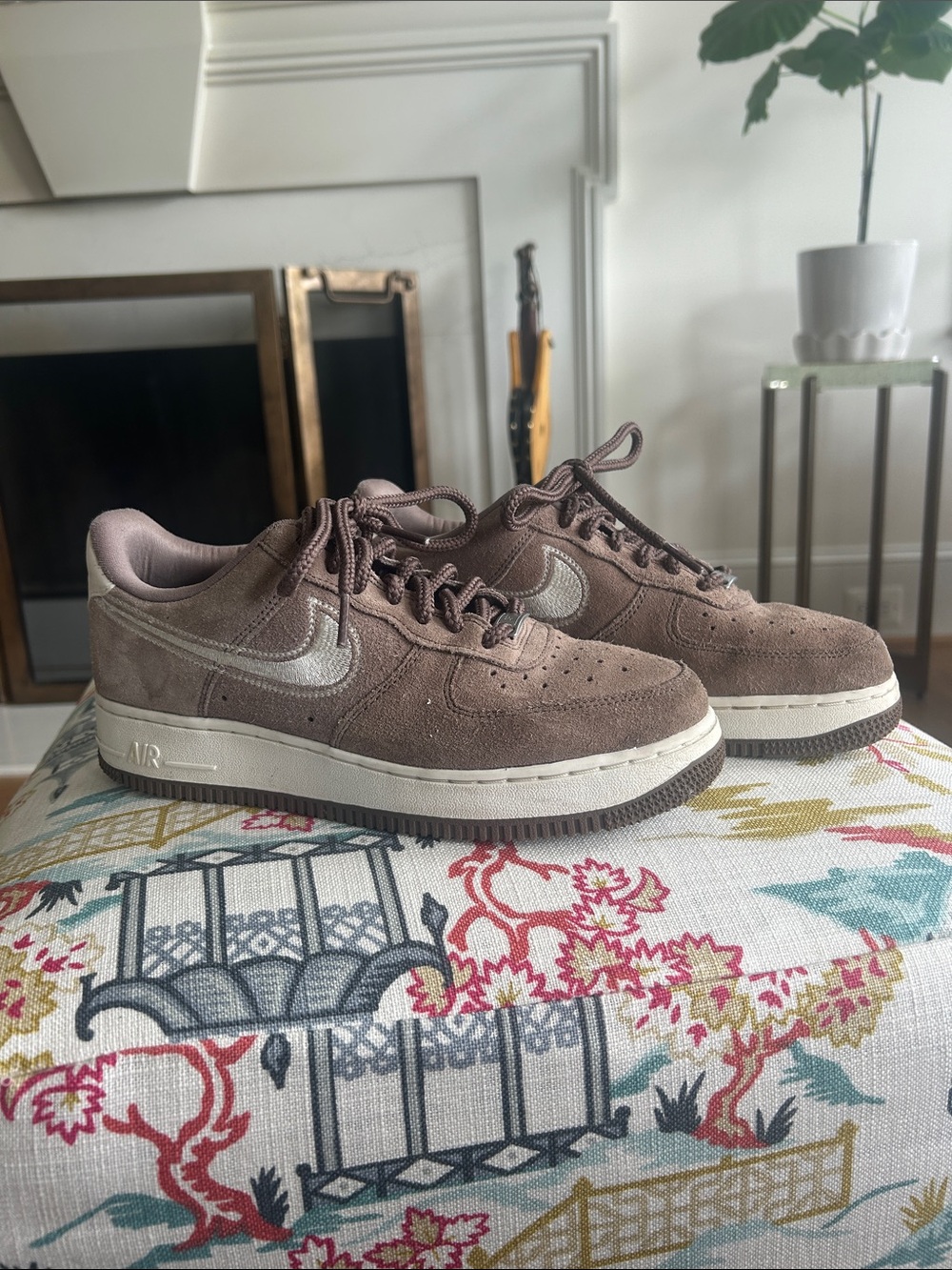 Nike Air Force Ones Brown Suede Low-Top Sneakers with Metallic Silver Logo